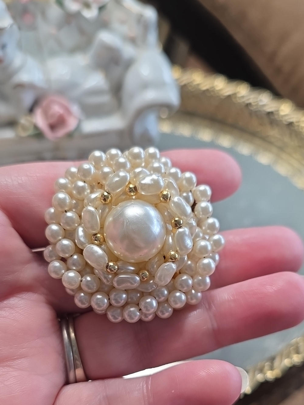 Pearl Cluster Statement Brooch - Cream and Gold